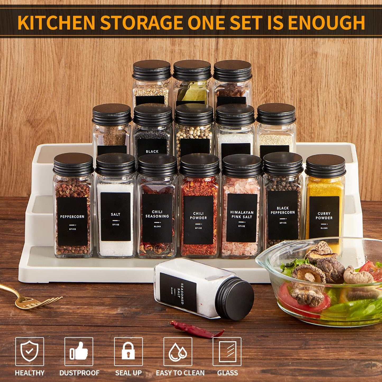 36 Pcs Spice Jars with Label- Glass Spice Jars with Black Metal Caps,Shaker Lids, Funnel, Chalk Pen, Brush,Cleaning Cloth 4oz Seasoning Containers Bottles for Spice Rack, Cabinet, Drawer