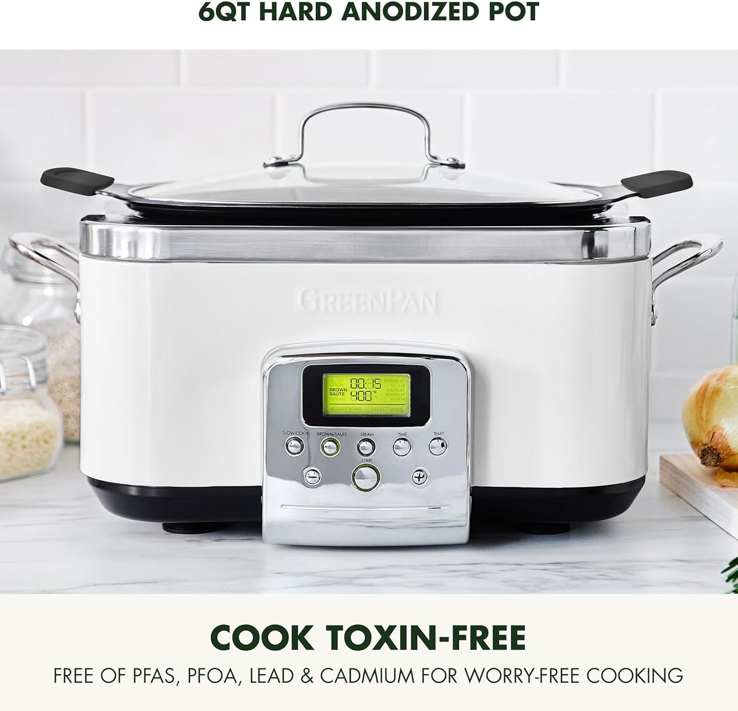GreenPan Elite 8-in-1 Programmable 6QT Electric Slow Cooker, Dishwasher Safe Lid & Removable Crock, PFAS-Free Healthy Ceramic Nonstick Multi-Cooker, Sear, Sauté, Brown, Steam Basket, Roast, White