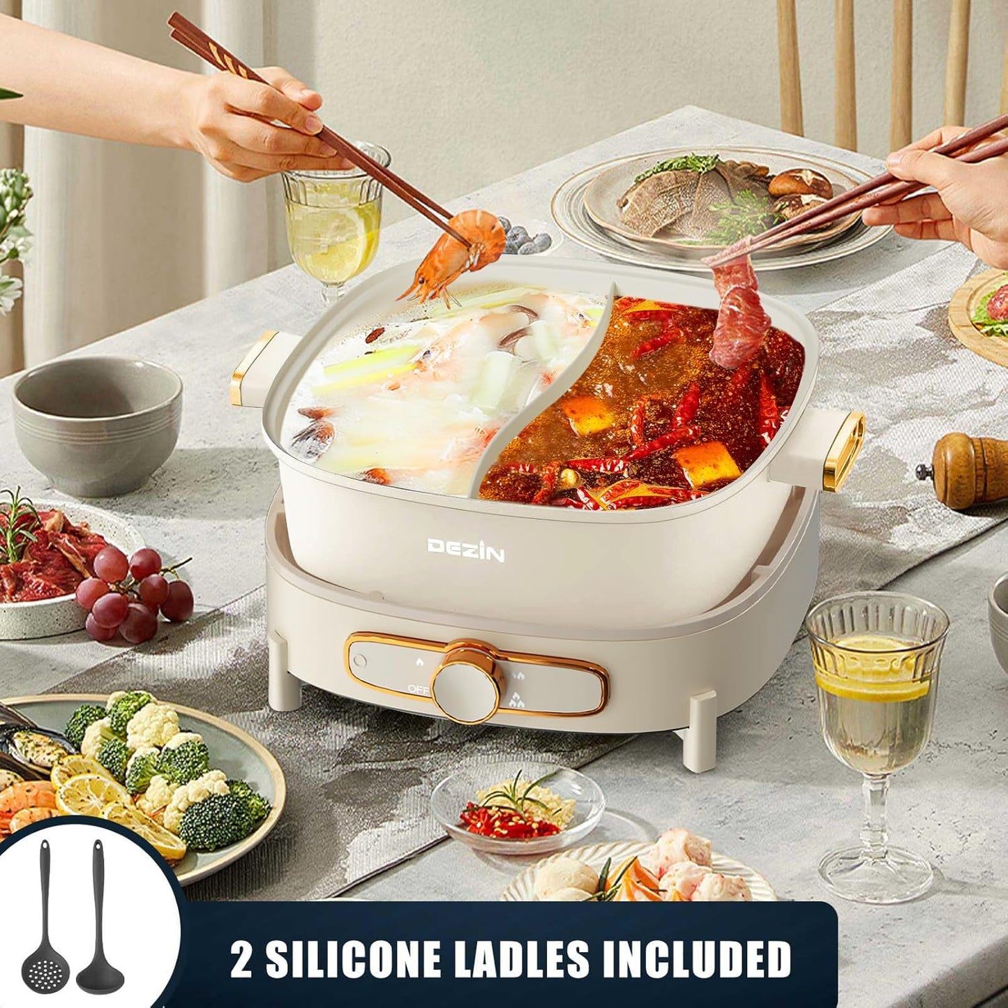 Dezin Hot Electric Shabu Shabu Pot, 5.5L Double-Flavor, Removable Non-Stick Dual Sided Cooker, 3" Depth Divided Pot with Multi-Power Control, 2 Silicone Ladles