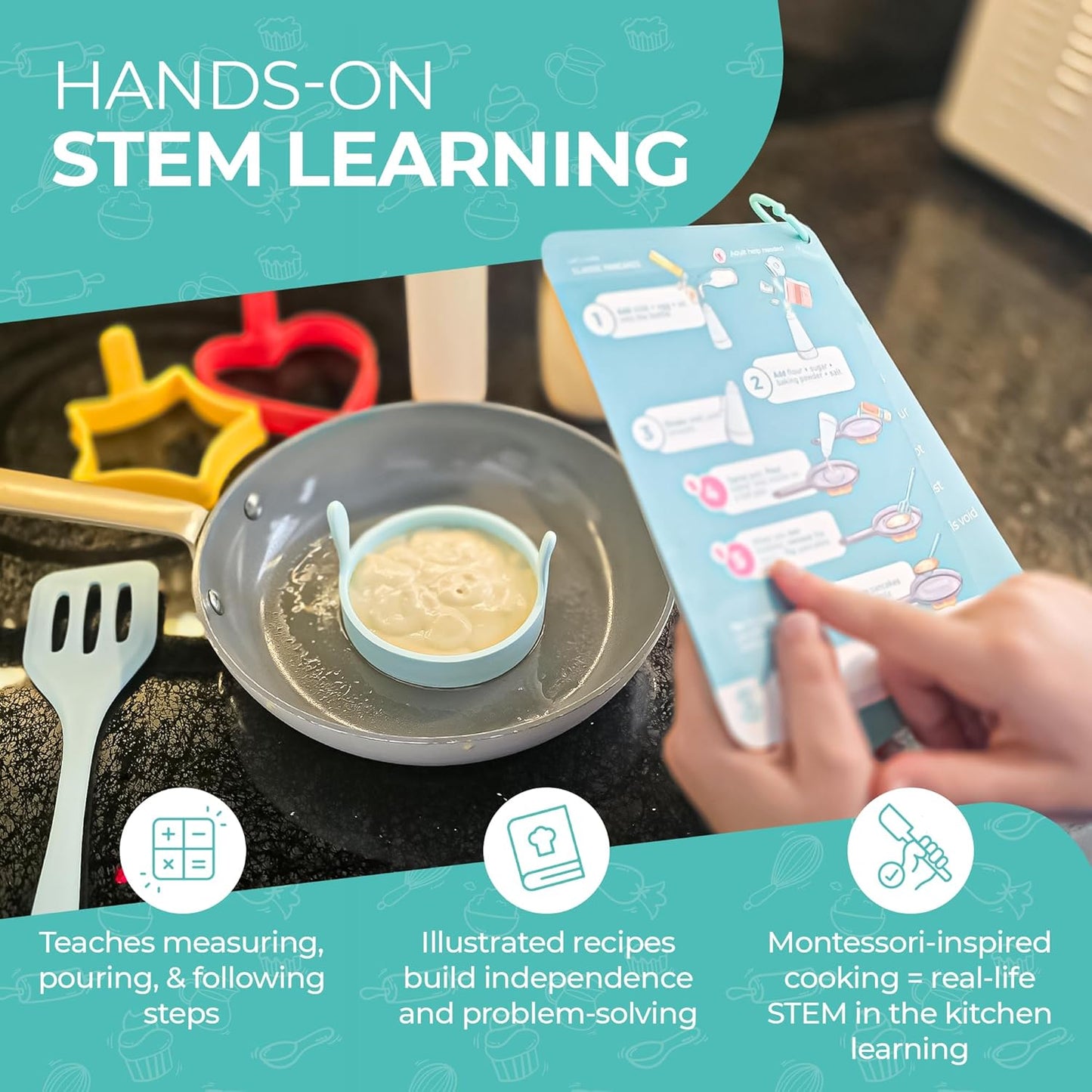 Tovla Jr. Junior Pancake Master Kit for Kids – Real Cooking Set with Reusable Silicone Pancake Molds, Batter & Decorating Bottles, Kid-Safe Spatula & Illustrated Recipe Booklet, Ages 6–12