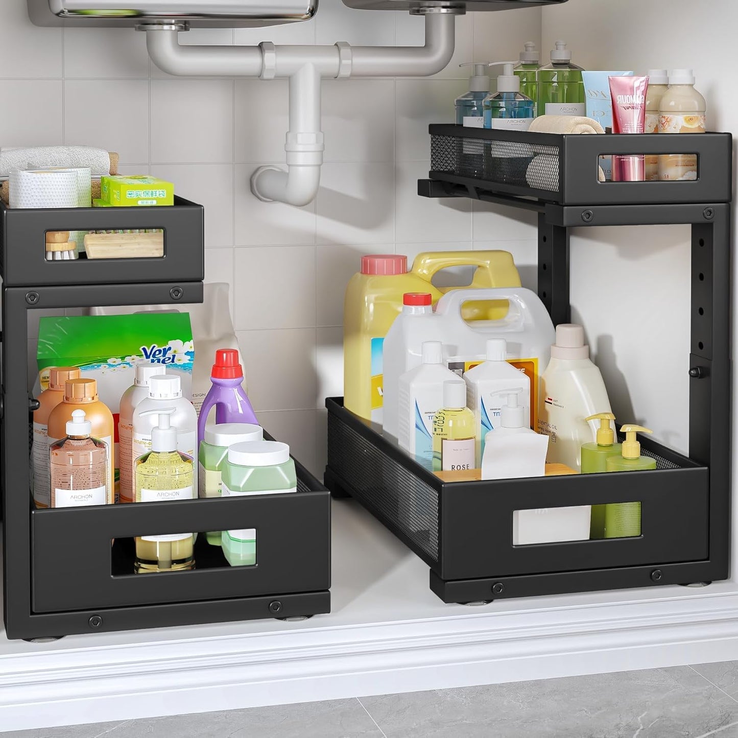 2-Pack Under Sink Storage Organizer, Large 2-Tier Elegant Mesh Pull Out Shelf for Kitchen and Bathroom Cabinet Organization, L-Shaped and Adjustable Height Design,Patent Pending-Black