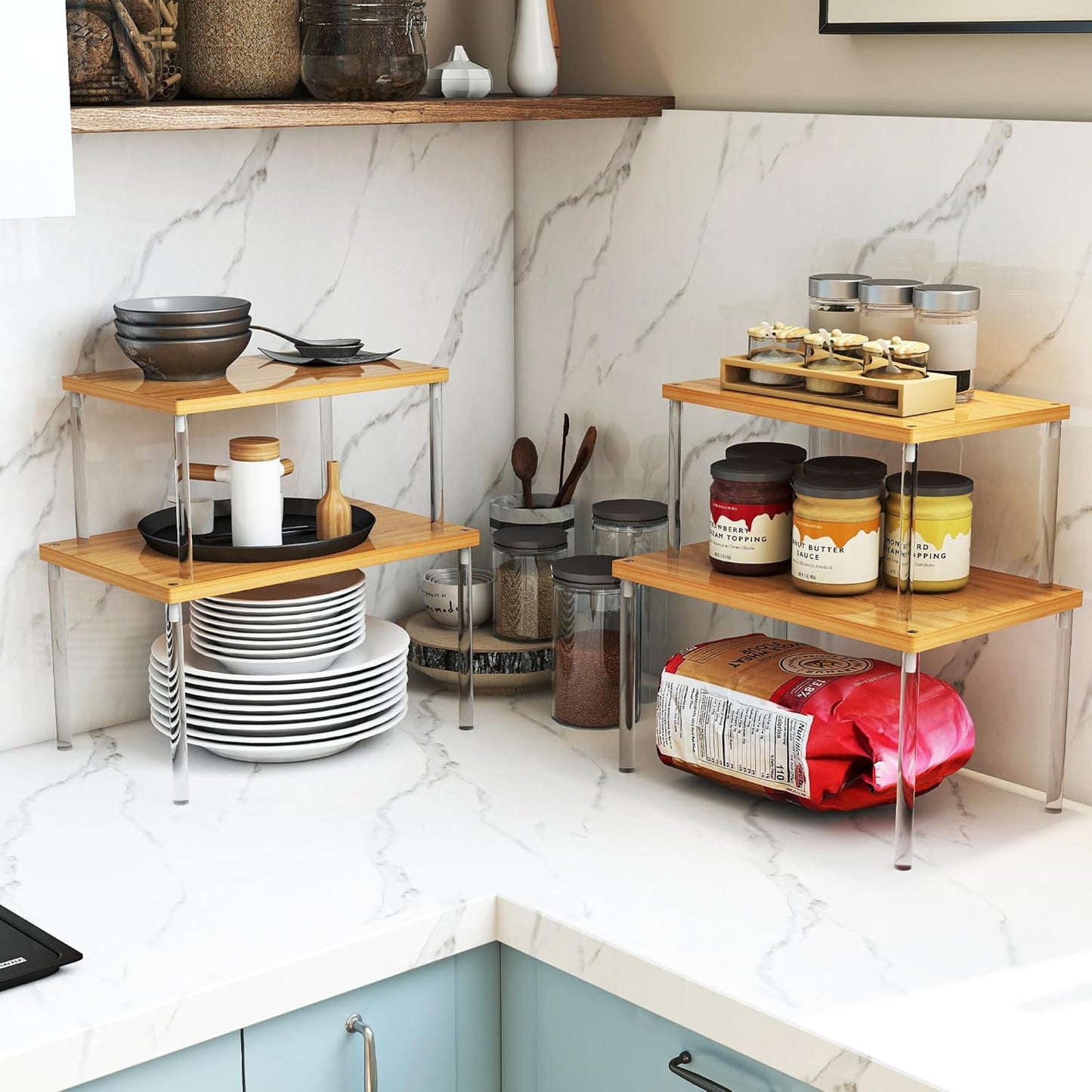 Jolitac Cabinet Organizer Shelf - Set of 4 Clear Acrylic Spice Rack, Stackable Pantry Storage Shelves for Kitchen Counter, Bathroom, Desk - Multi-Purpose Bamboo Space Saving Shelves, Easy Assembly