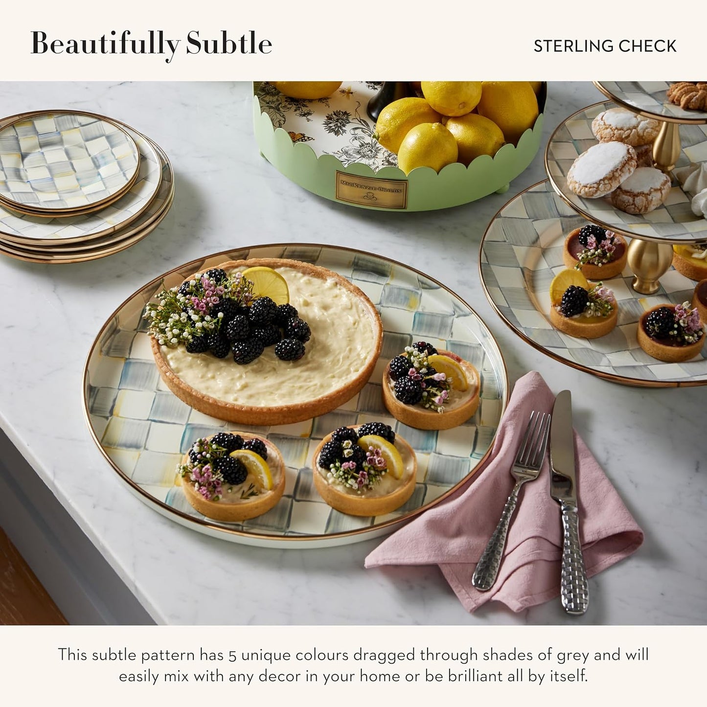 MACKENZIE-CHILDS Enamel Round Tray, Unique Serving Platter for Food and Drinks, Gray-and-White Sterling Check