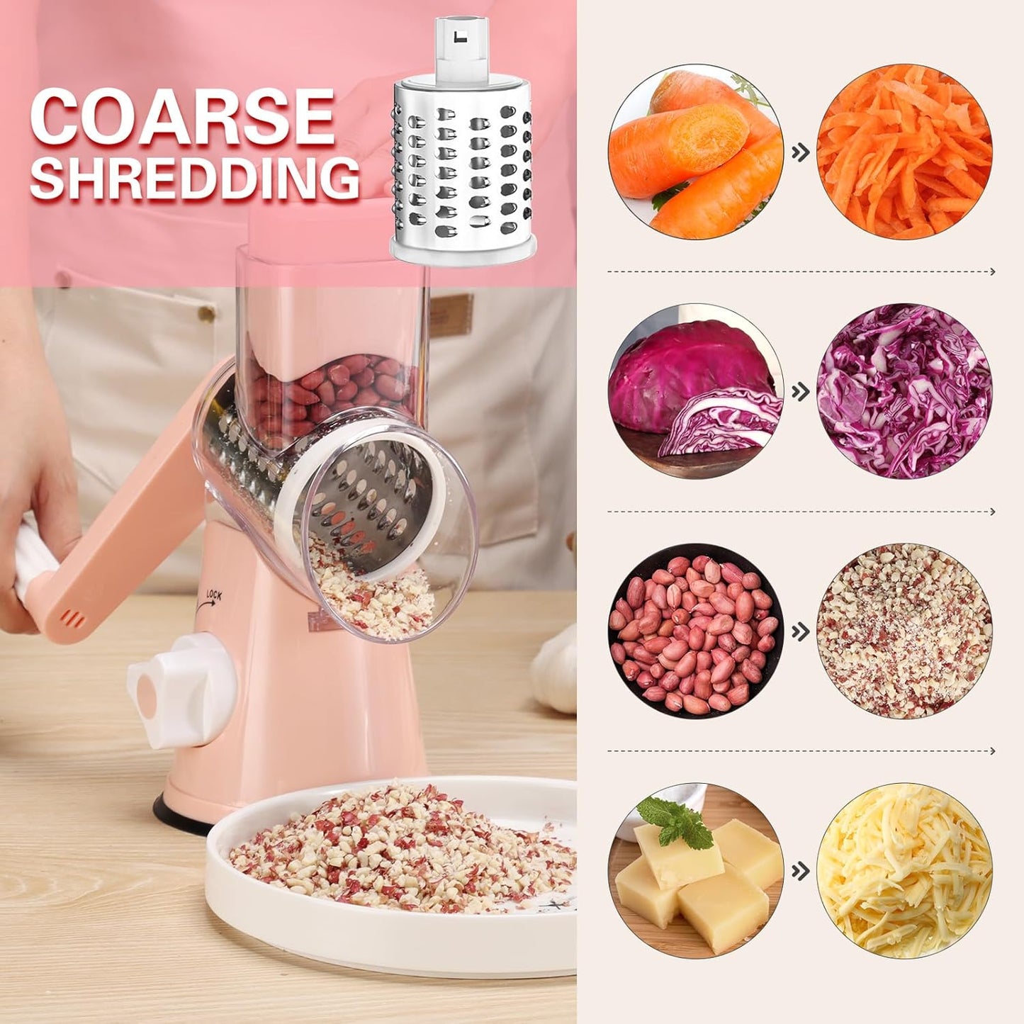 Cambom Rotary Cheese Grater Hand Crank Cheese Shredder for Fresh Cheese, Vegetable, Nuts,Non-slip Suction Base, Free Cleaning Brush Three Blades, Pink