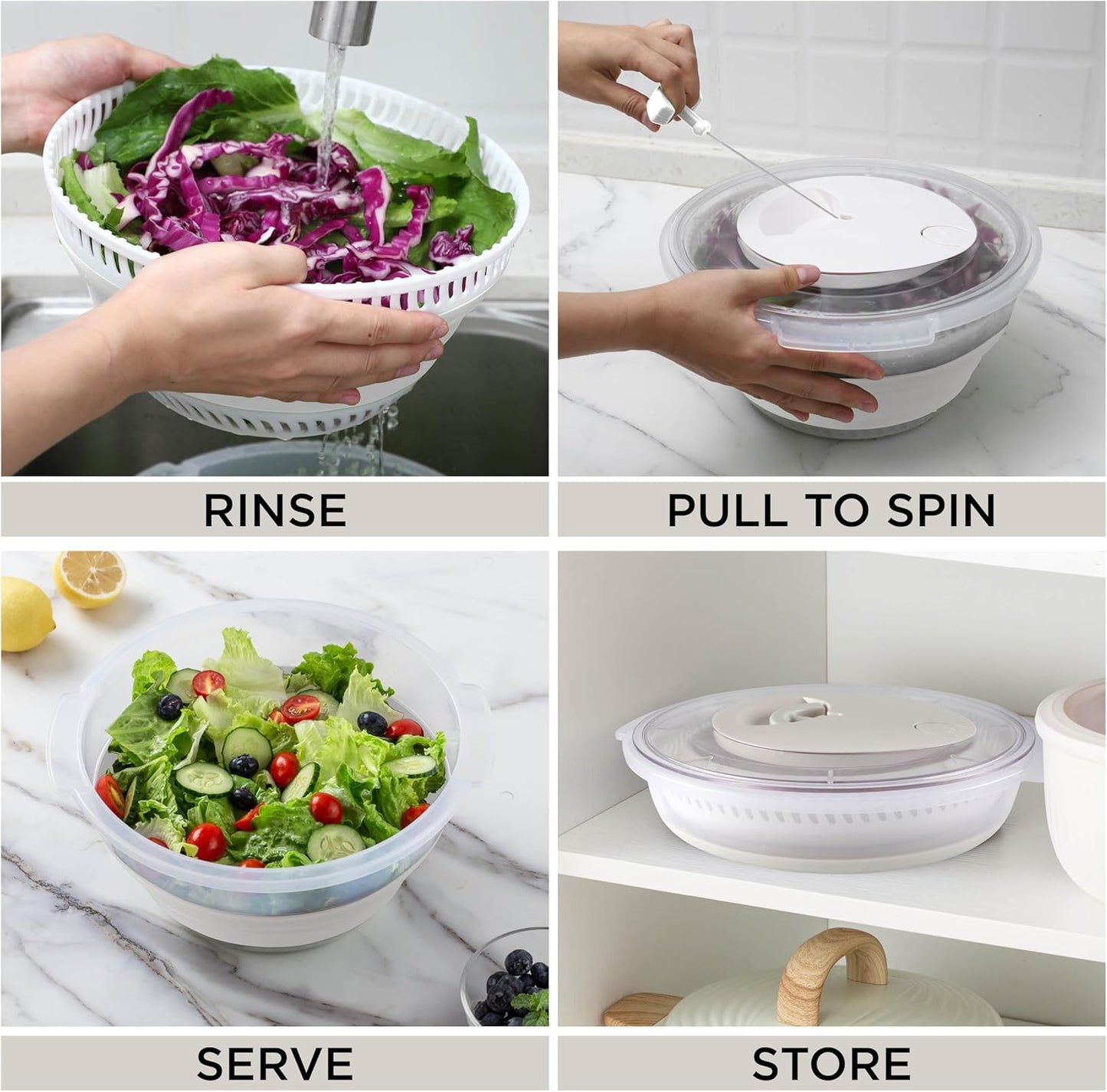 COOK WITH COLOR Collapsible Salad Spinner - 4 QT Space Saving Lettuce Dryer with Folding Collapsible Colander Great for Washing and Drying Fruit and Vegetables (White)