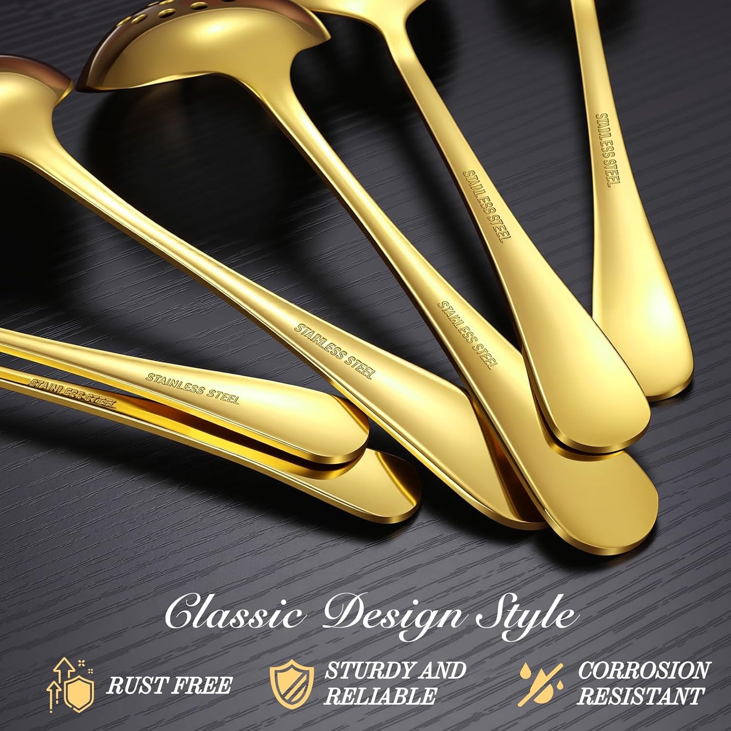 Gold 17 Pieces Serving Utensils Include Large Serving Spoons,Slotted Serving Spoons,Serving Forks,Serving Tongs,Appetizers Tongs,Soup Ladle and Pie Cake Server for Buffet Catering (Gold, 17 Pcs)
