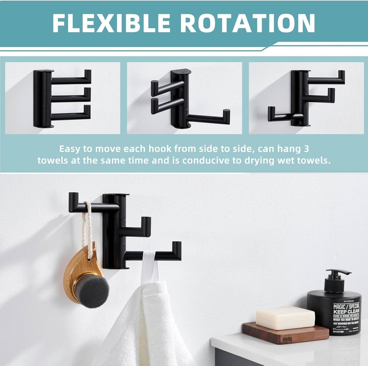 Suyar Swivel Towel Hook 3 Arms, SUS 304 Stainless Steel Coat Robe Holder, Foldable Wall Hook, Matte Black