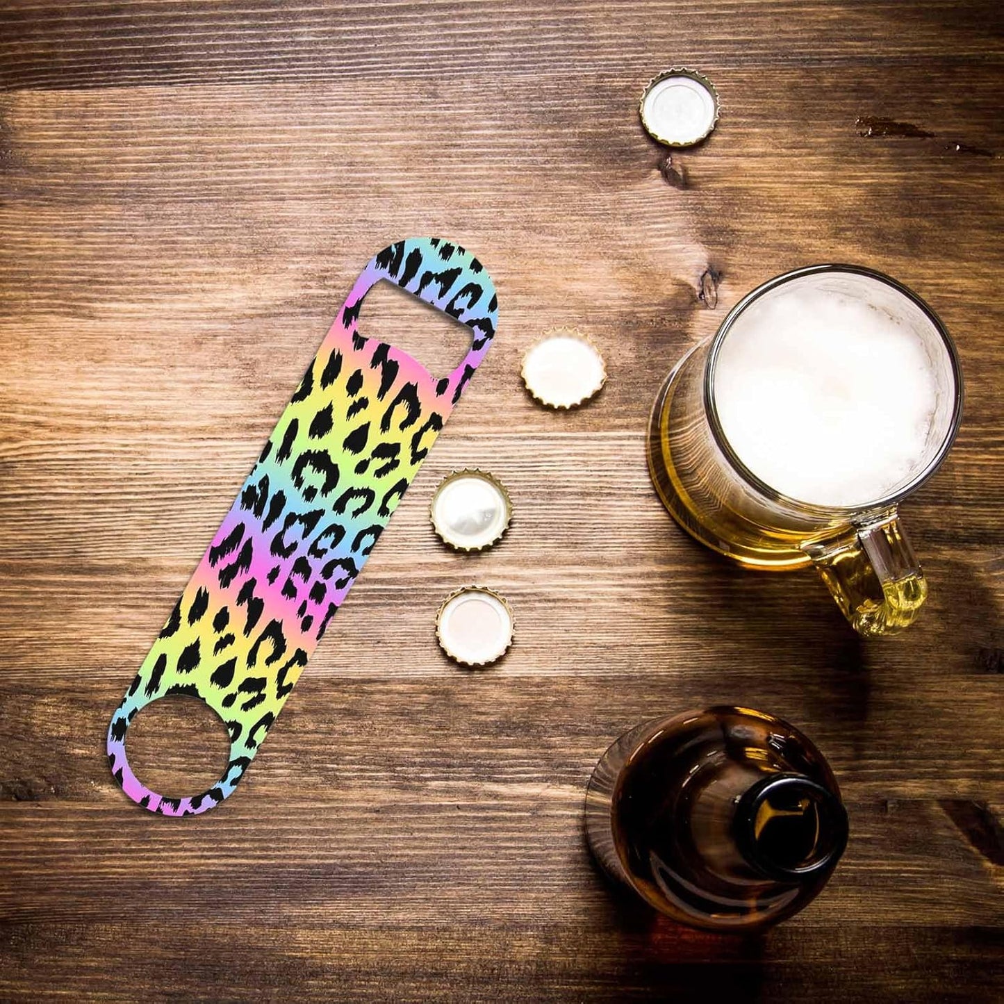 Leopard Print Stainless Steel Bottle Opener Rainbow Colors Leopard Trendy Black Spots Fur Jaguar Wild Animal Flat Beer Bottle Opener Keychain for Home Kitchen Bar Restaurant Party Gift
