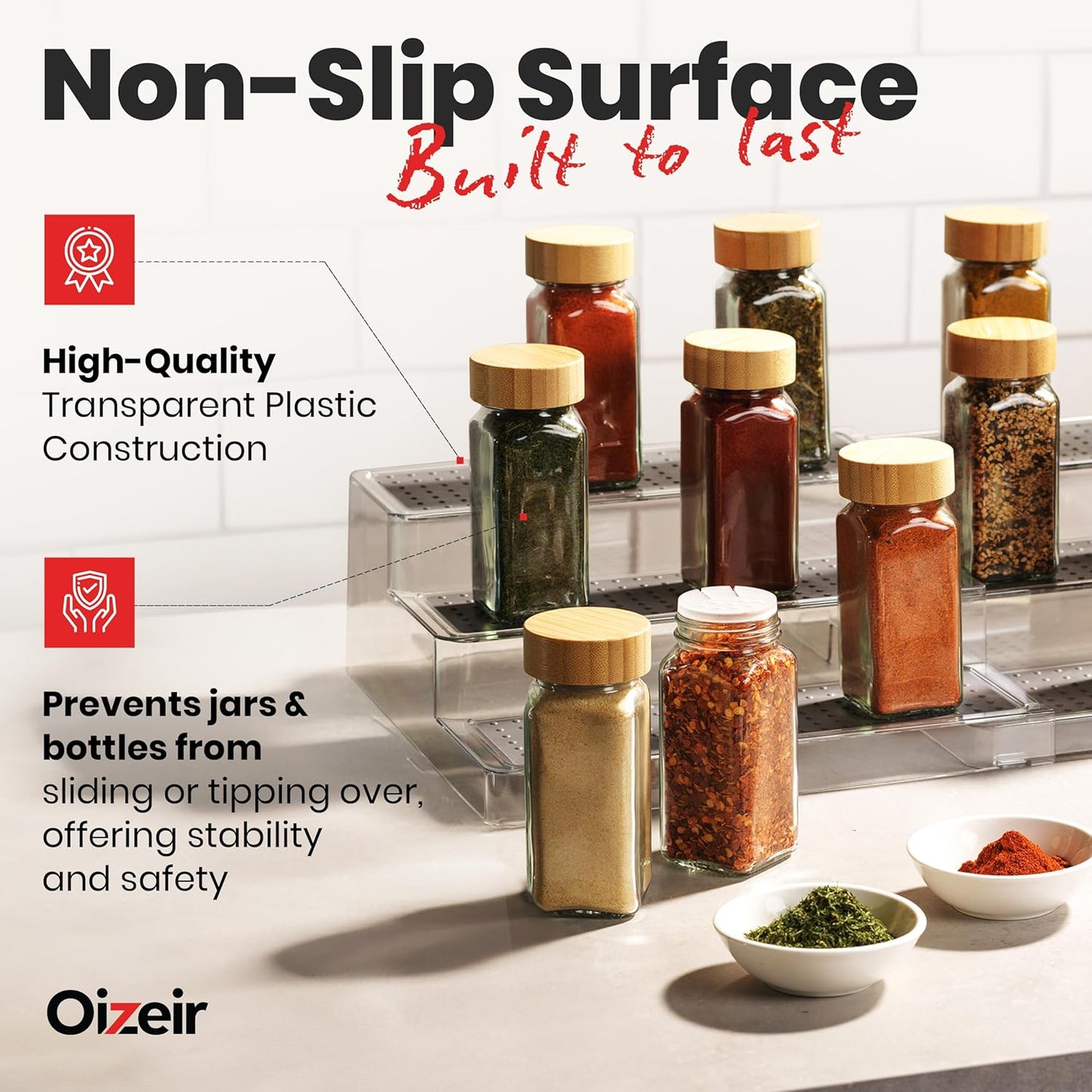 Expandable Spice Organizer Rack - 3-Tier - Clear Adjustable Tiered Shelf Spices Organization for Kitchen Cabinet and Pantry Storage