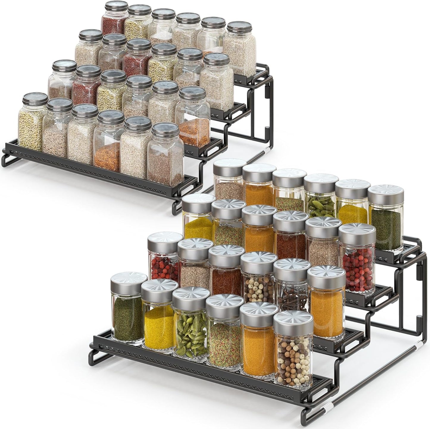4 Tier Spice Rack Organizer for Cabinet - Black (2 Pack) | Spice Holder Shelf with Protection Railing for Inside Cabinets, Countertop, Pantry Storage & Seasoning Organization