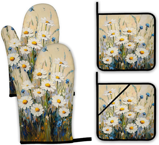Vintage Daisy Flower Oven Mitts and Pot Holders,Heat Resistant Oven Mitts Gloves and Pot Holder for Home Kitchen Decorations Cooking Baking BBQ Gifts,Set of 4