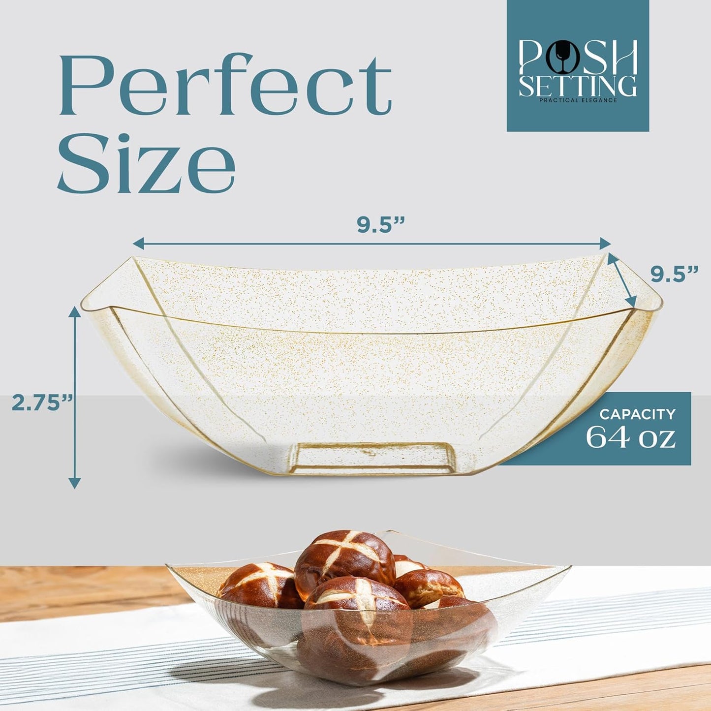 Posh Setting - Gold Glitter Plastic Serving Bowls for Party (64oz - 4 Pack) Square Bowls, Disposable Chip Bowls, Candy Bowls for Party Table, Salad Bowls for Party, Candy Containers for Candy Buffet