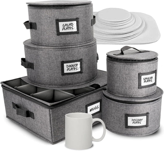 HOMELUX THEORY 5pcs Hard Shell China Storage Containers, Mug Storage Box & Plate Storage Containers, Heavy Duty Dinnerware and Coffee Cup Storage Box with Lid for Packing Dinner Plates and Glassware