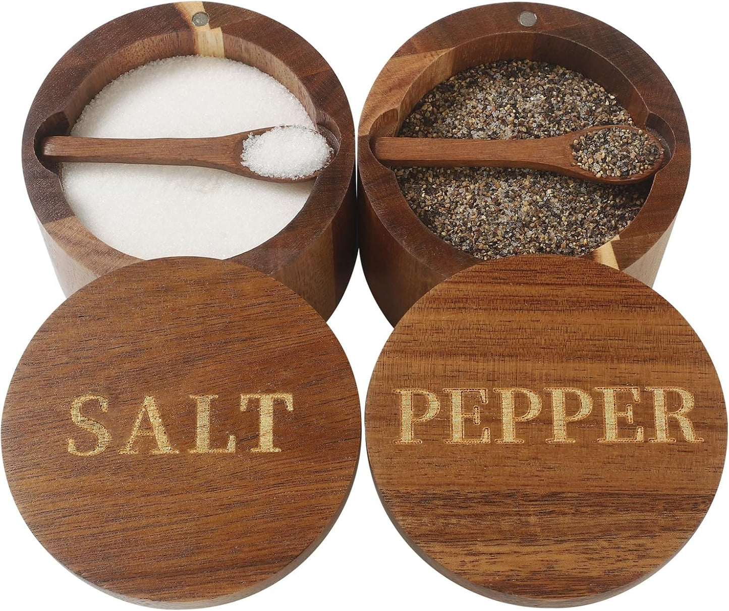 Salt Cellar, Elegant Salt and Pepper Set, 2PCS Acacia Wood Salt Container with Built-in Spoon & Swivel Lid, Engraved SALT & PEPPER Box, Salt Holder for Countertop Seasoning Storage