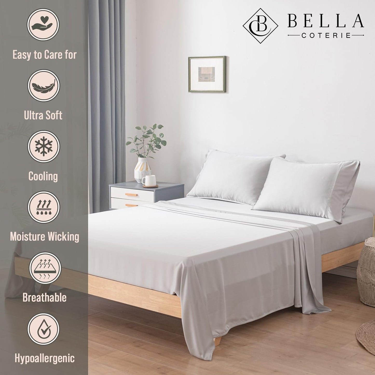 Bella Coterie Luxury Bamboo Viscose Queen Size Sheet Set | 100% Organically Grown | Ultra Soft | Cooling for Hot Sleepers | 18" Deep Pocket [Grey Mist]