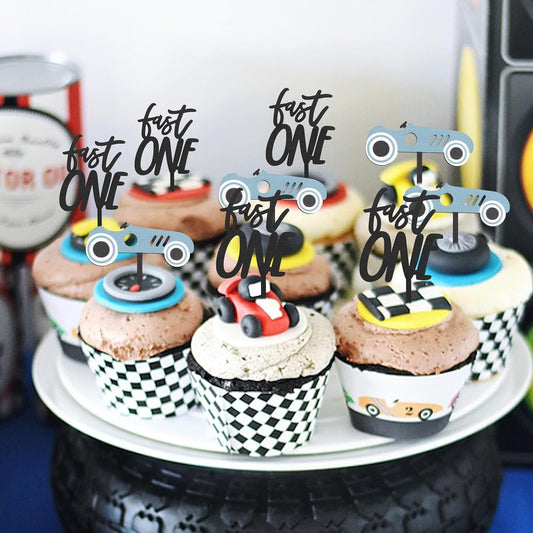 Wooden Race Car Cupcake Toppers - Fast One Cupcake Topper,First Fast One Birthday Decorations,Fast One Birthday Theme Topper(fast one cake topper)
