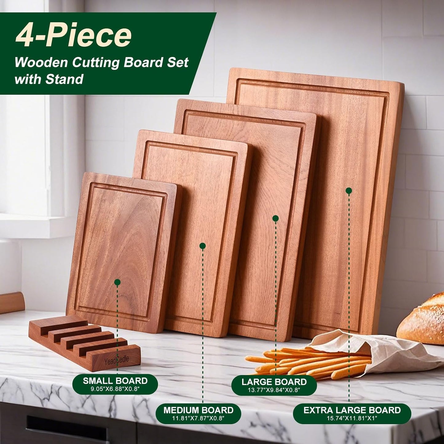 Wooden Cutting Board Set of 4 with Holder Non Toxic Solid Sapele Wood Chopping Boards for Kitchen with Juice Grooves Thick Large Cutting Board (9x7 to 16x12 In) for Meat Vegetables Cheese （Brown）