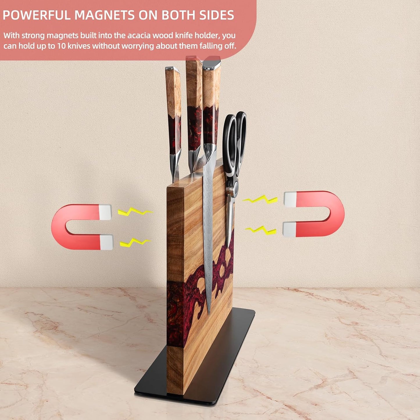 FINDKING Magnetic Knife Block, Double Sided Holder, Powerful Magnet Kitchen Storage, Acacia Wood and Red Resin (12 x 10 Inches, Without Knives)