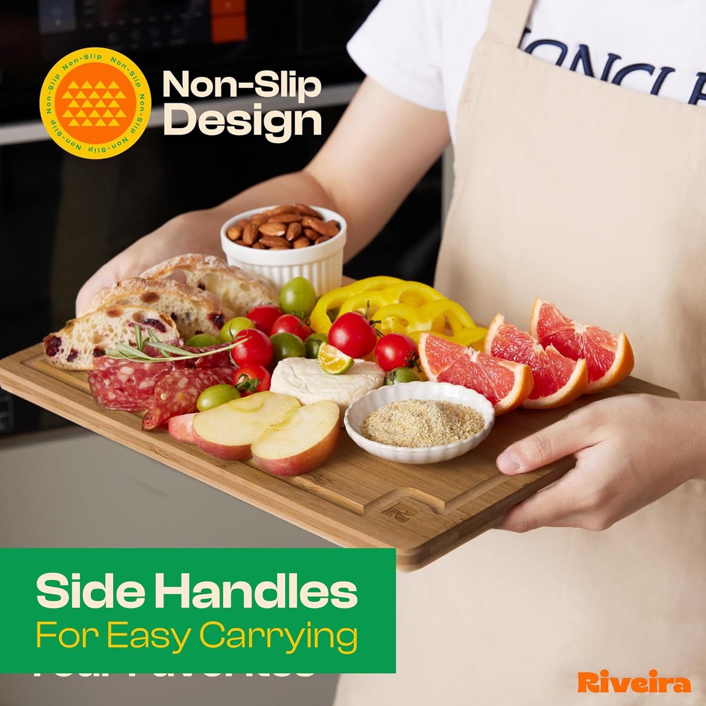 Riveira Brown Bamboo Wood Cutting Board – Gourmet Bamboo Grandeur: 18 x 12 Wooden Cutting Board – Wooden Cutting Boards For Kitchen Decorative – Innovative Juice Grooves Wooden Chopping Board