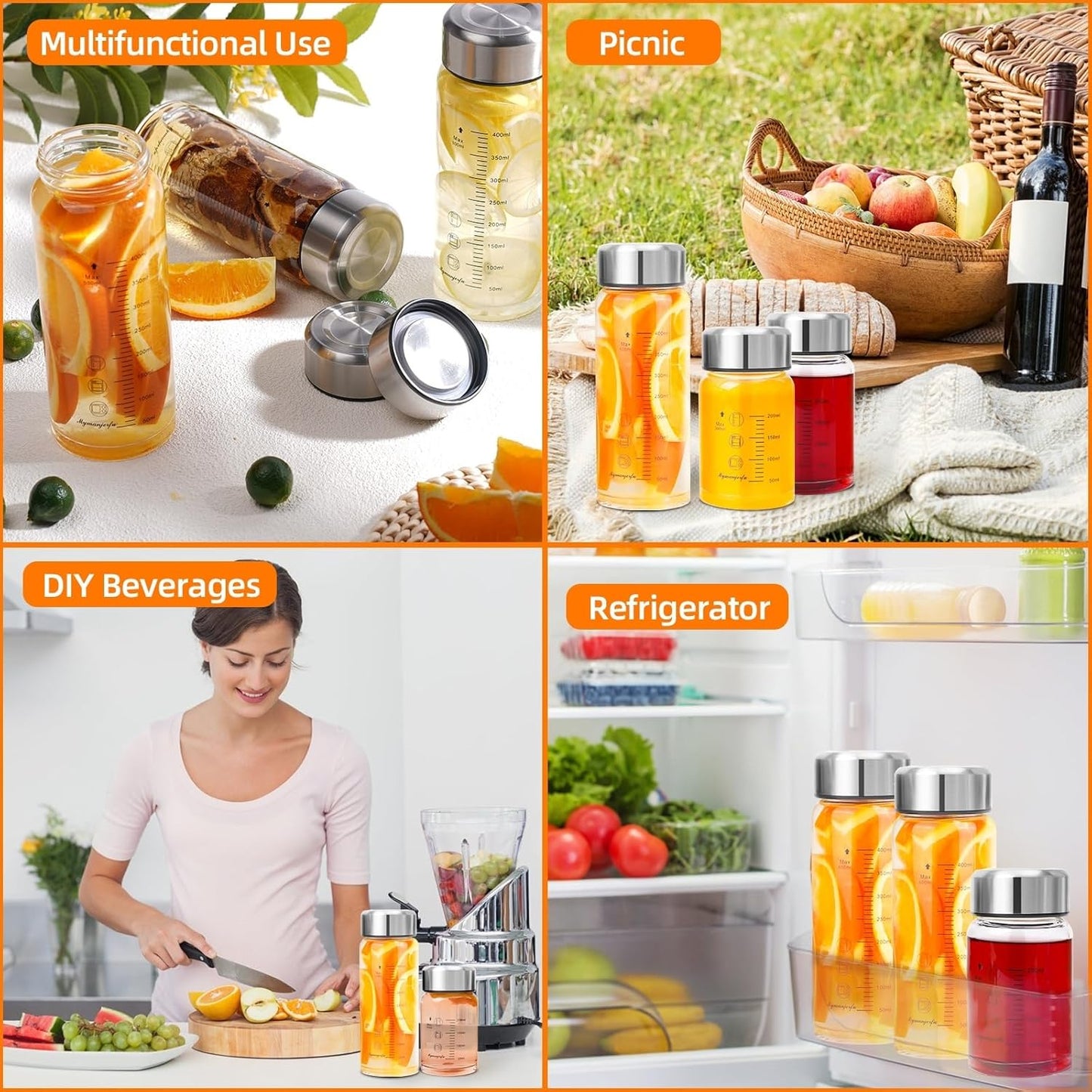 Glass Juice Bottles 4 Pack 10 oz - Wide Mouth Glass Water Bottles with Lids - for Juicing, Smoothies, Milk, Protein, BPA Free, Reusable, Stainless Steel Lids, Leak Proof, Shaker bottle (10oz/300ml)