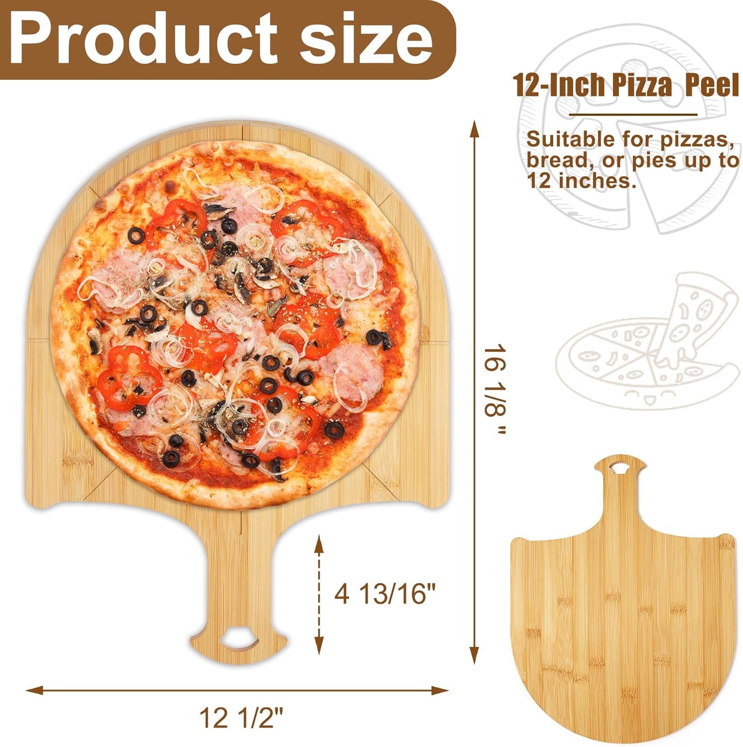 Pizza Peel Wooden, 4 Pack of 12 Inch Pizza Spatula Wood Non-Stick, Bamboo Pizza Paddle as Cutting Board with Cutting Grooves for Easy Pizza and Bread Making