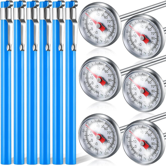 Xuhal 6 Pcs Stainless Steel Kitchen Thermometers with 5 Inch Long Stem 1 Inch Dial Milk Frothing Food Thermometer for Oven Probe Meat Grill BBQ Cooking Chocolate Water (Blue)