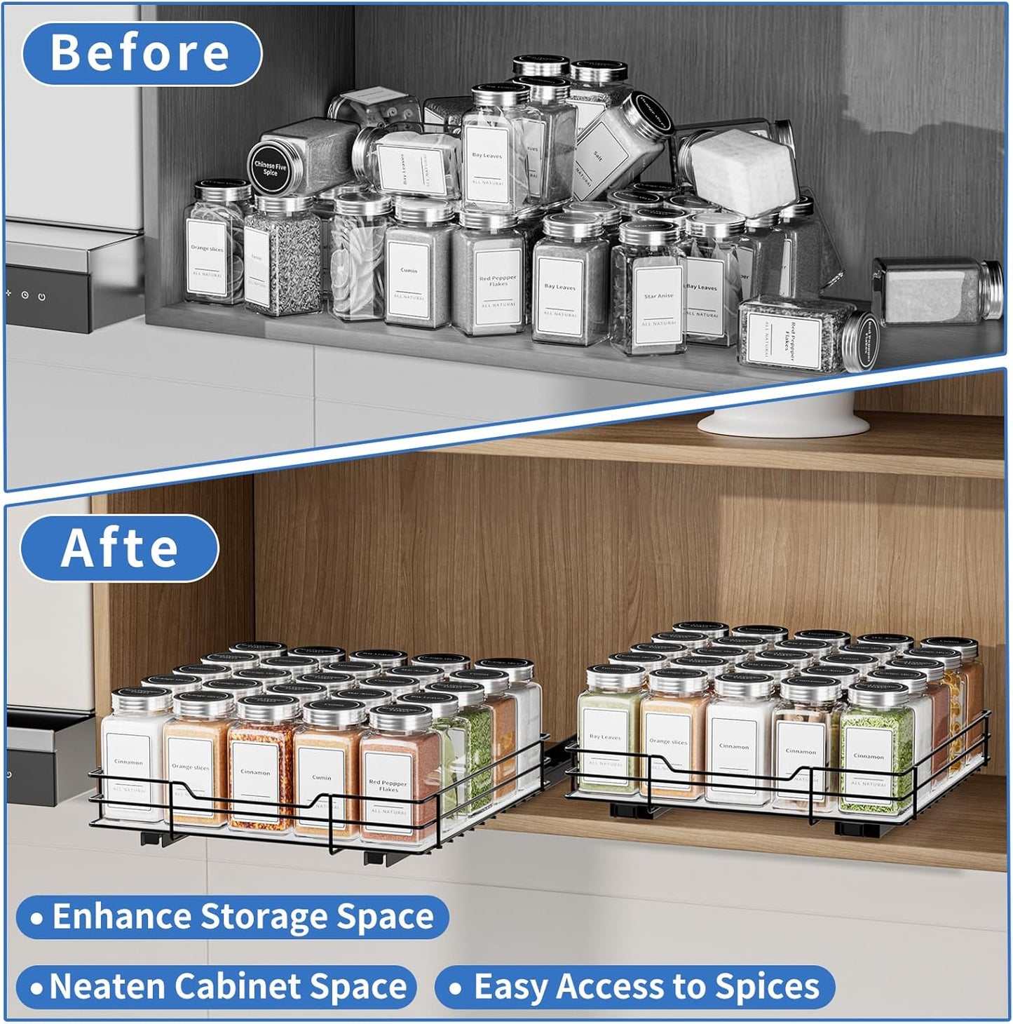 Pull Out Spice Rack, Slide Out Spice Rack for Cabinet, Spice Organizer for Kitchen and Pantry, Fits Spices, Sauces, Canned Food (10.5''Wx10.5''Dx2.5''H)