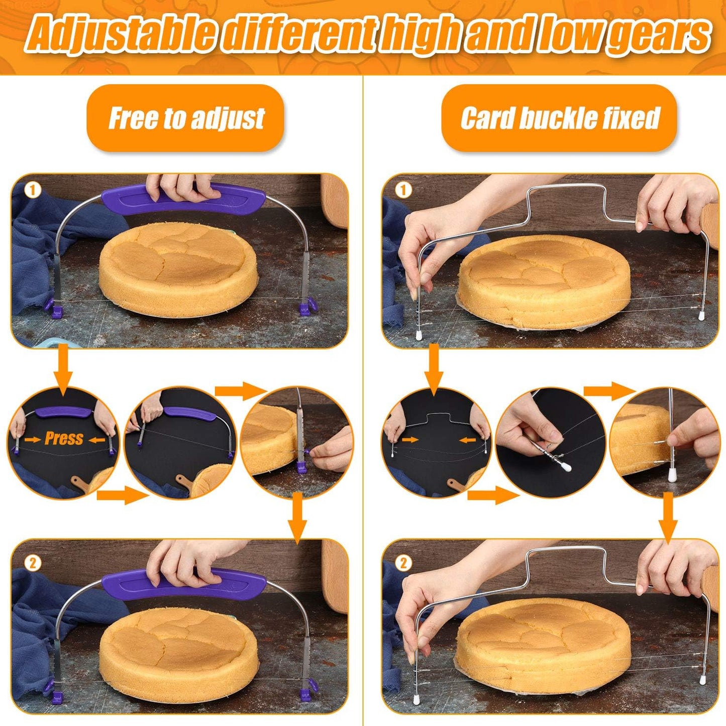 Boao 3 Pieces Kitchen Baking Tools, Adjustable Cake Levelers, Double Wire Cake Slicer Levelers and Stainless Steel Knife with Plastic Handle for Wedding Birthday Leveling and Molding