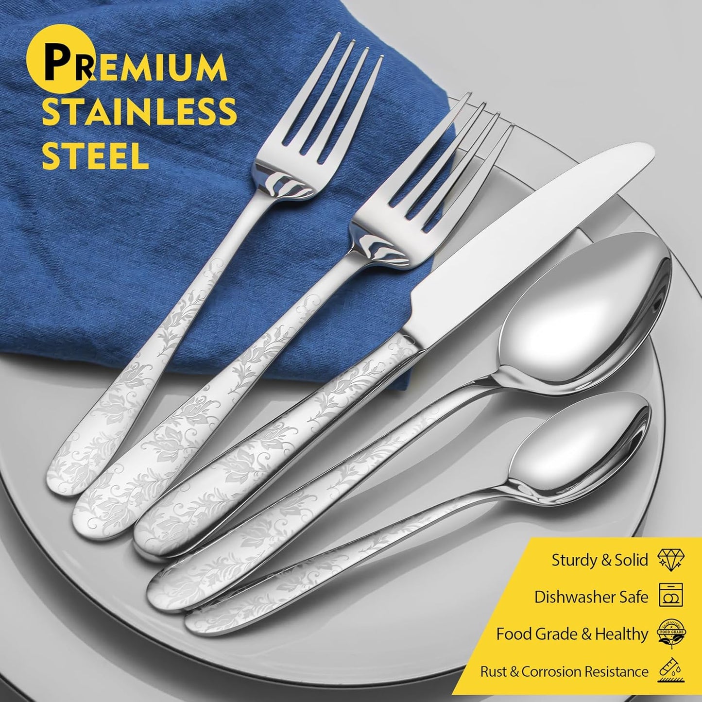 40 Piece Silverware Set, Service for 8, EIUBUIE Premium Stainless Steel Cutlery Set, Mirror Polished Flatware Sets with Pattern Handle, Modern Kitchen Eating Utensils Sets