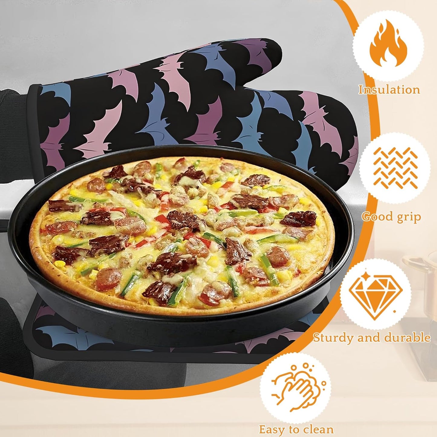 Colorful Bats Oven Mitts and Pot Holders Set,Kitchen Oven Gloves and Pot Holder with Heat Resistant Non Slip for Cooking Baking Grilling(4 Piece Set)