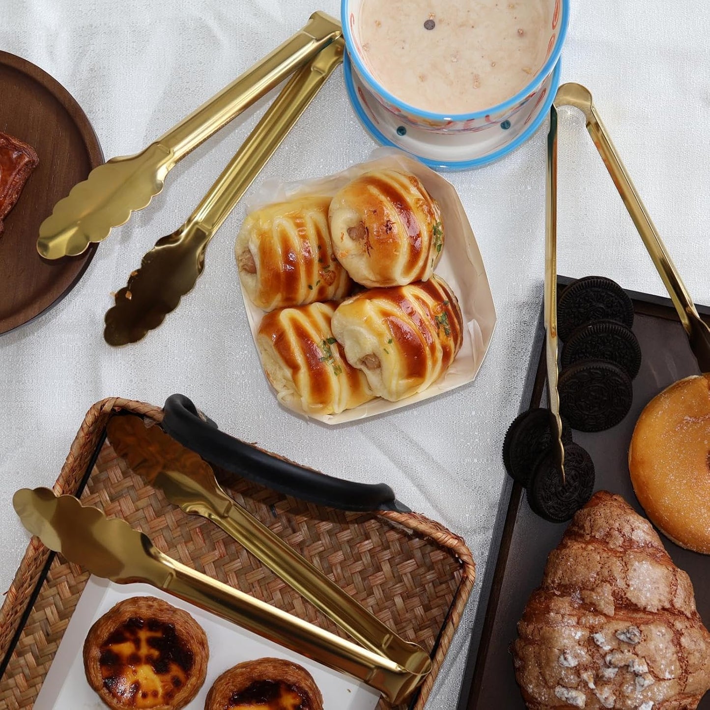 4 Pack 9 Inch Gold Tongs for Serving Food, Gold Serving Tongs Buffet Tong Stainless Steel Utensils, Metal Kitchen Tong for Salad, Steak, Appetizer, Snack and Small Food (4)