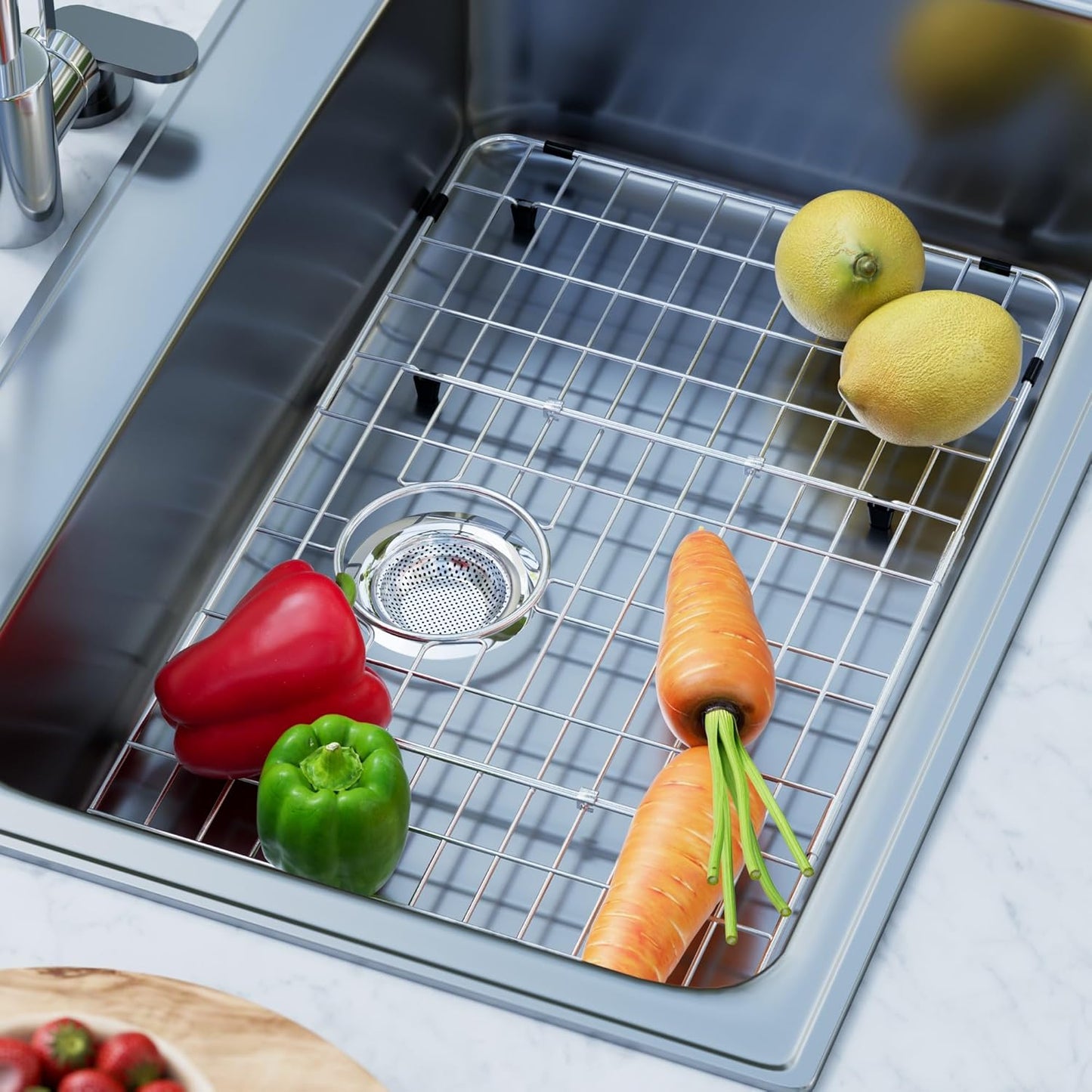 iPEGTOP Sink Rack for Bottom of Sink, Stainless Steel Sink Protector 28-3/8" x 14-3/16" Rear Drain Hole, Detachable Sink Grid Sink Grate with Hole Cover for Kitchen Sink Single Sink Bowl, Three-Piece