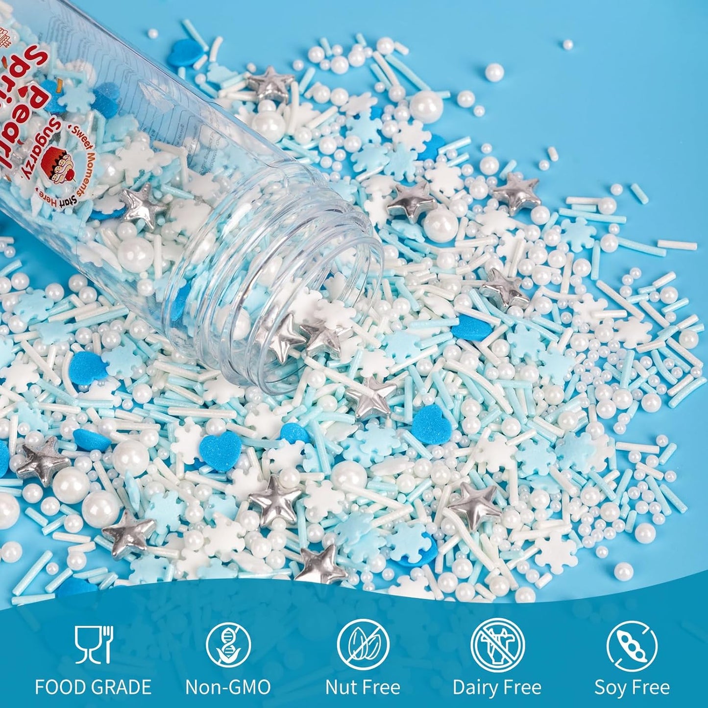 Edible Frozen Sprinkles ,Blue Heart White Snowflake Silver Star Pearl Jimmies Mix,130g/4.58oz,Winter Snow Sugar Pearls Sprinkles for Decorations Baking,Cake Ice Cream Cookies Cupcake Topper Chocolate,Birthday Children Party Dessert Decorating