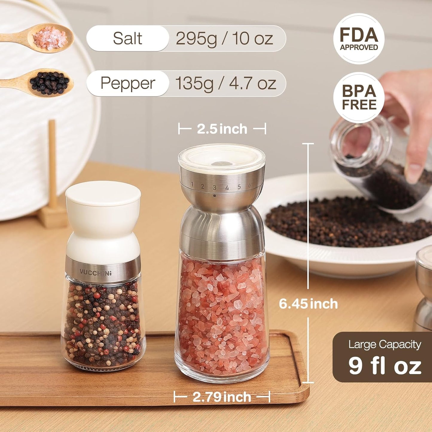 Vucchini Pepper Grinder Salt Grinder Manual - External Adjustable Coarseness with 6 Settings Stainless Steel Spice Grinder Mill Ceramic Burr Large Capacity 9 oz Ideal for Kitchen
