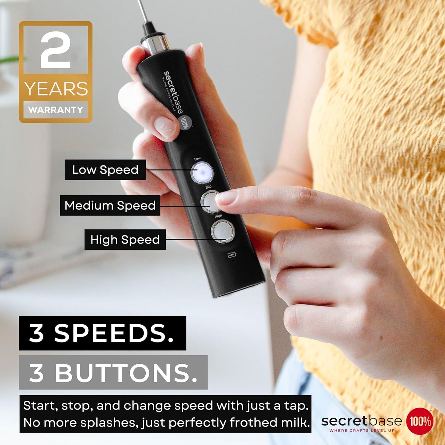 Secretbase 3 Speed Rechargeable Milk Frother and Cup Set, Cordless USB Charging Cradle - Handheld Milk Frother, Double-thickness Whisk, Tiny Egg Beater, Mini Electric Coffee Stirrer(Black)