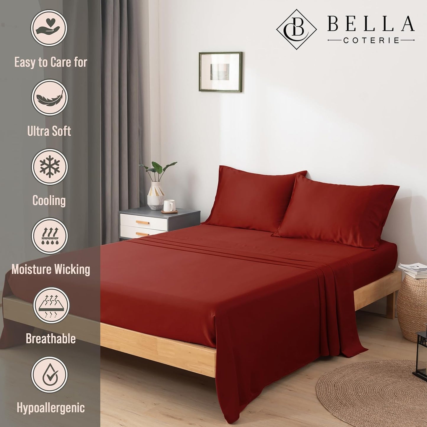 Bella Coterie Luxury Bamboo Viscose Cal King Size Sheet Set | 100% Organically Grown | Ultra Soft | Cooling for Hot Sleepers | 18" Deep Pocket [Merlot]