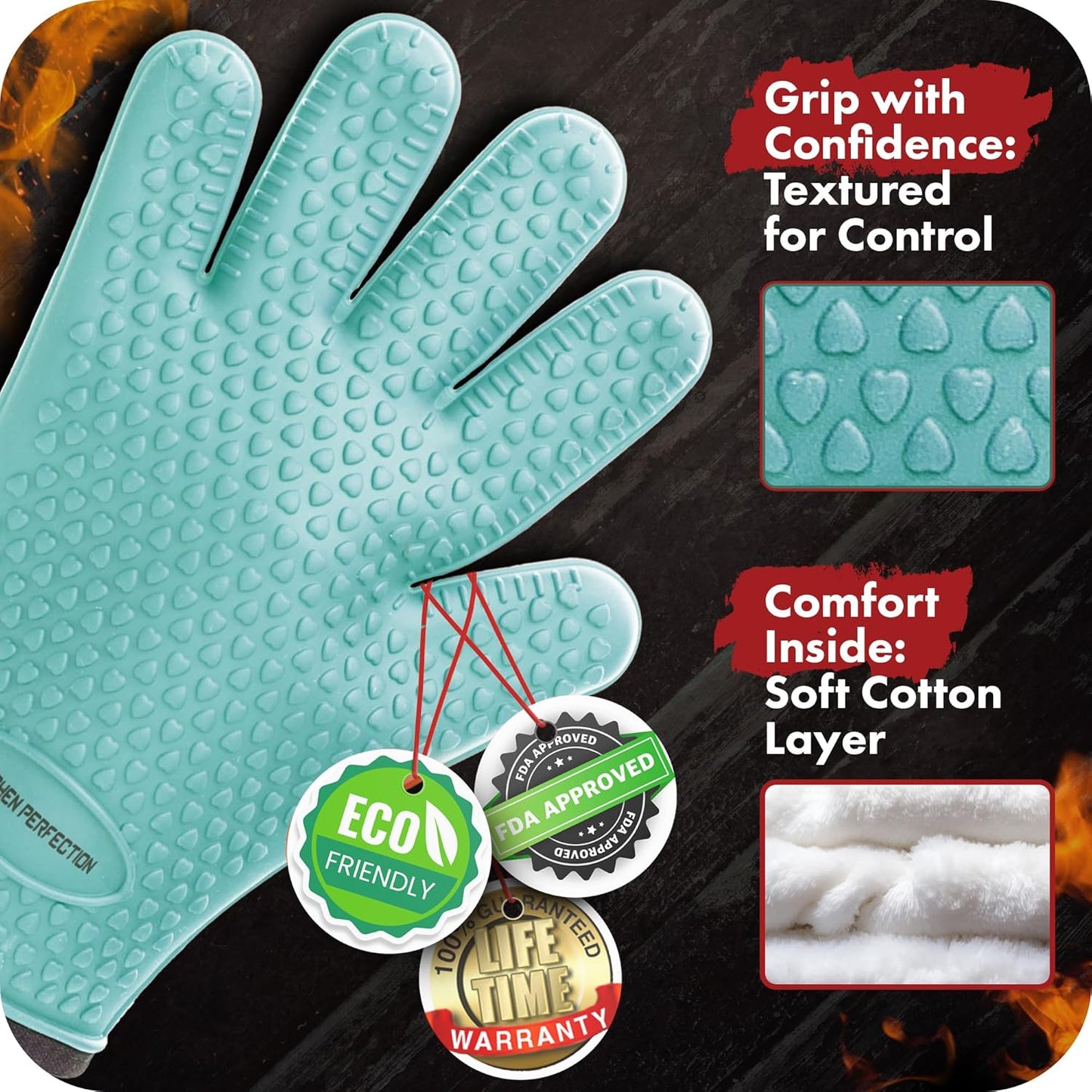 KITCHEN PERFECTION XL Silicone Smoker Oven Gloves -Extreme Heat Resistant BBQ Gloves -Handle Hot Food Right on Your Grill Fryer & Pit | Waterproof Oven Mitts Grill Gloves |Superior Value Set+3 Bonuses