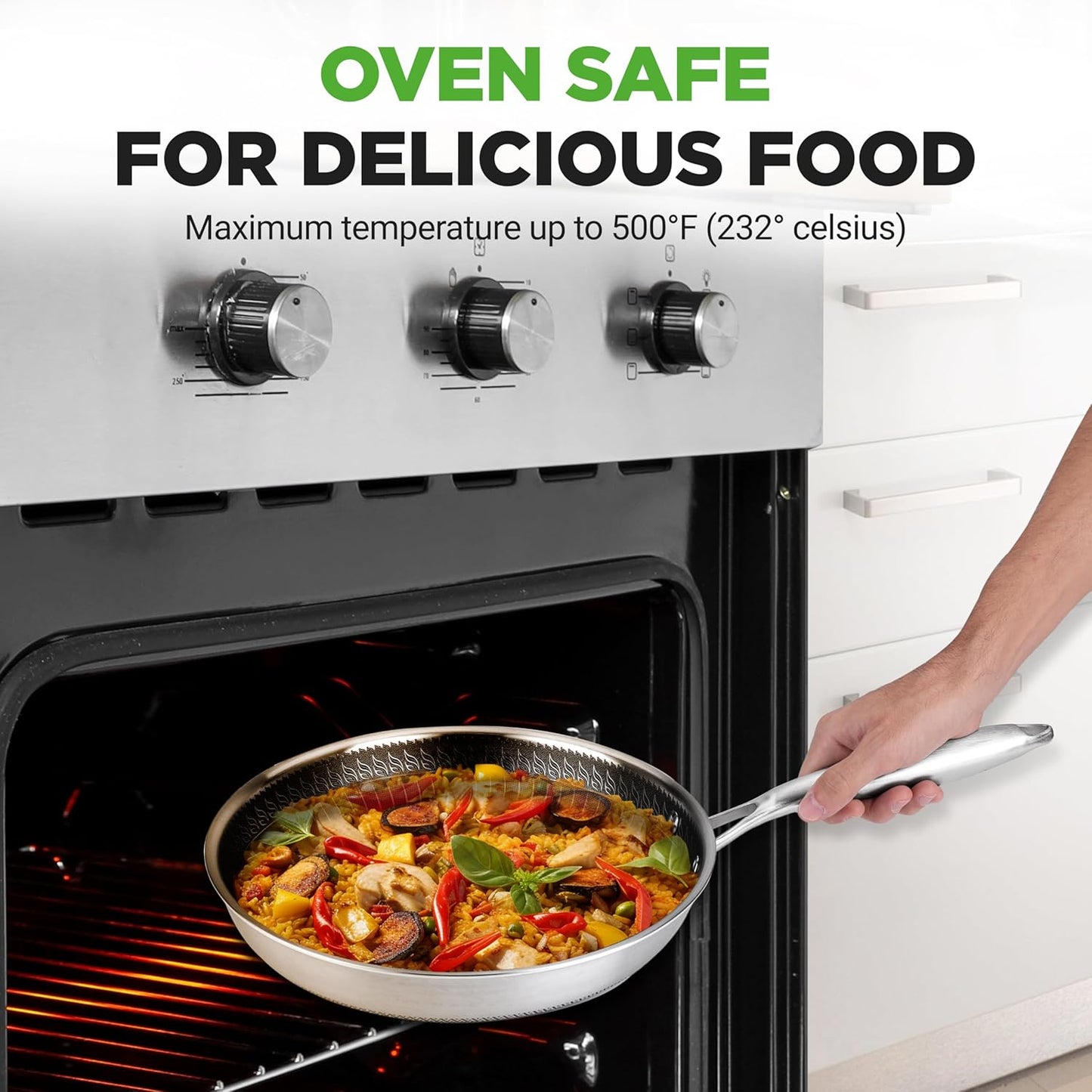 NutriChef 12" Stainless Steel Frying Pan - Triply Hybrid Skillet w/DAKIN Etching Non-Stick Coating, Scratch-resistant Raised-up Honeycomb Fire Textured Pattern, NC3PL12