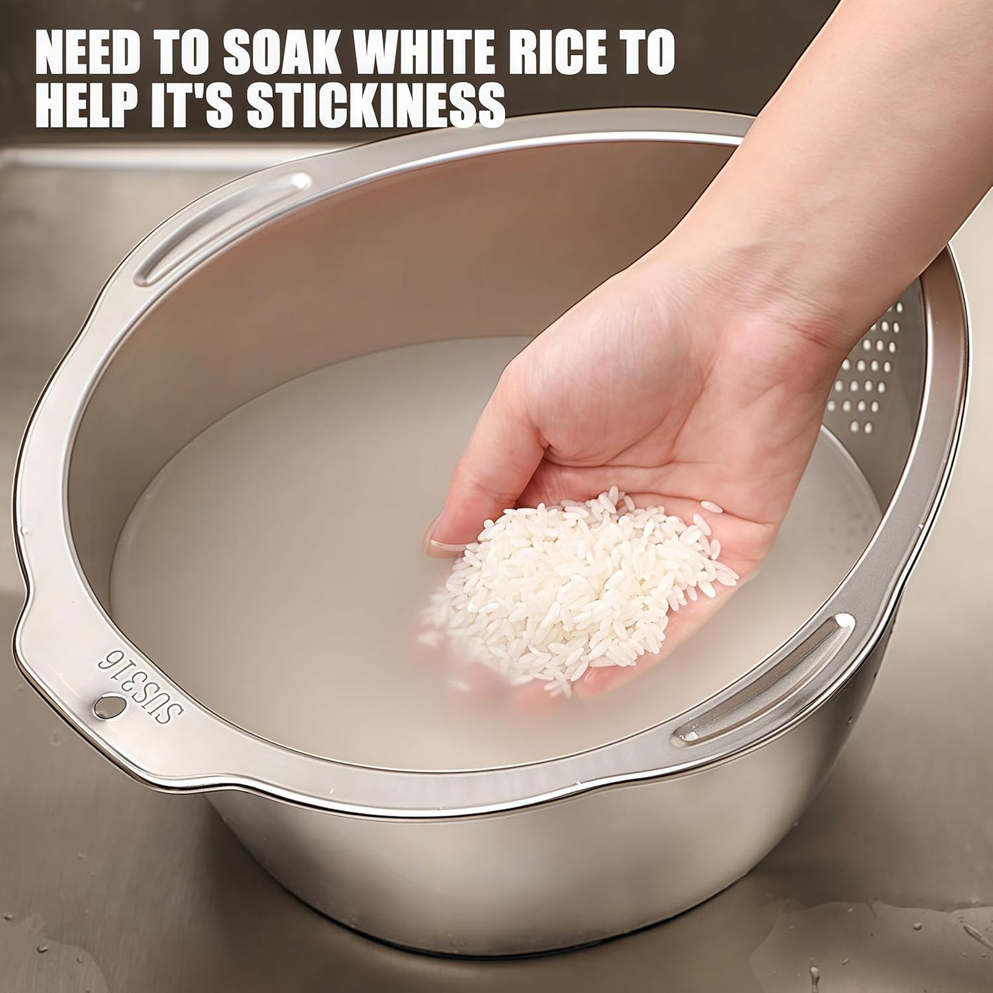 Rice Washer Strainer Bowl Quinoa Washing Bowl Stainless Steel Colander Versatile Side Drainers for Cleaning Rinsing Fruits, Vegetables, and Beans - Multifunctional Drain Basket