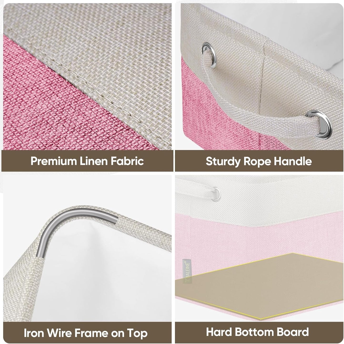 BALEINE 3 Pack Fabric Storage Bins for Shelves, Linen Storage Baskets for Organizing, Decorative Closet Bins for Clothes, Home (Pink, 15''x11''x9.5'')