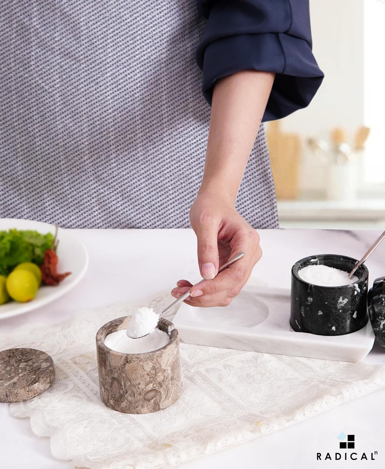 Radicaln Marble Salt Cellar with Lid and Tray 3" Inch Handmade Oceanic & Black Salt Container, Set of 2 Seasoning Jars for Kitchen countertop, Ideal Sugar bowl