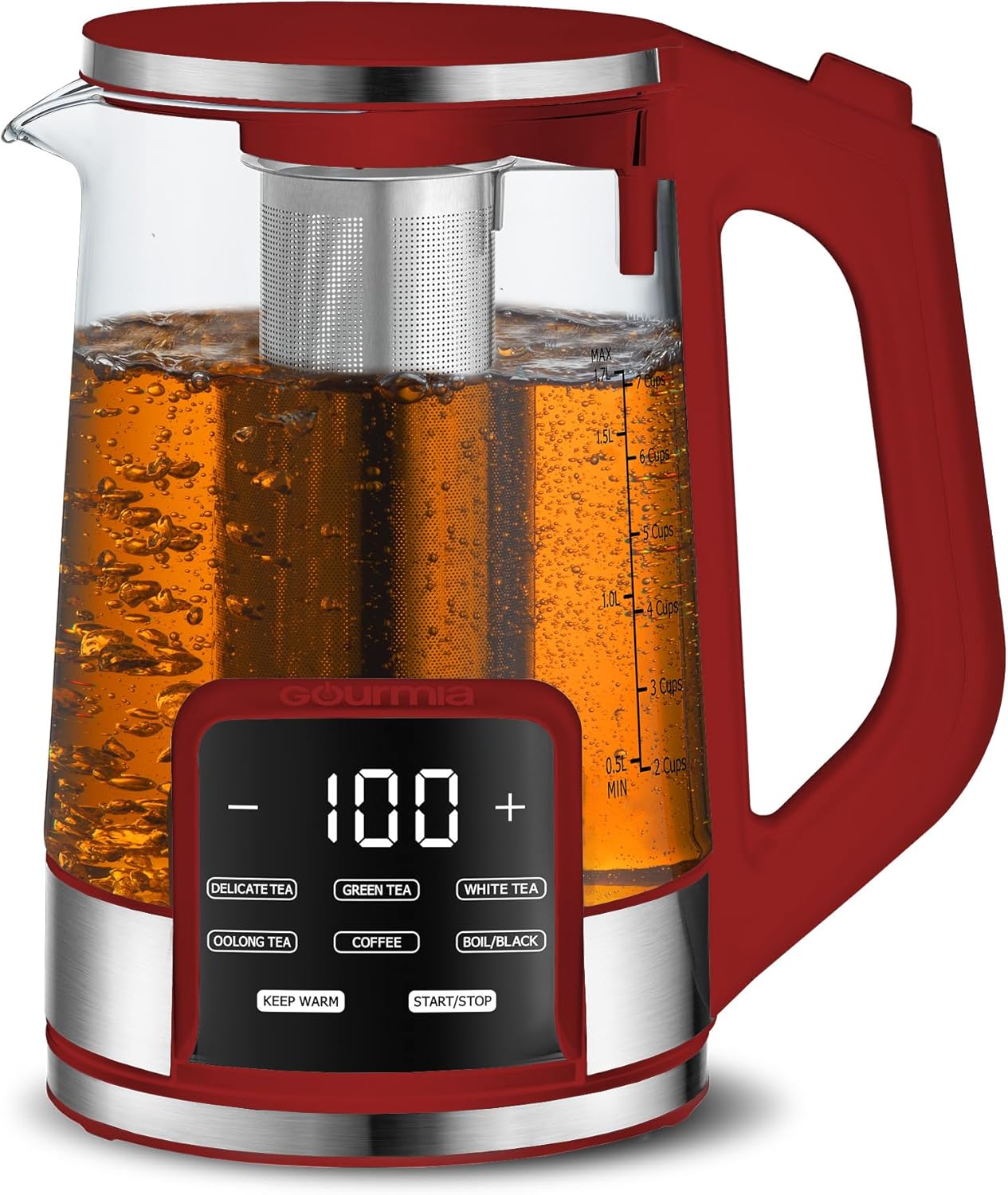 Gourmia Electric Programmable Glass Kettle – 1.7L Temperature Control Tea & Coffee Kettle with Digital Touch Display, 6 Presets, Keep Warm, Removable Stainless Steel Infuser, 360° Swivel Base – Red