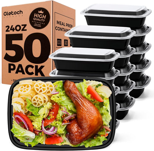 100-Piece (50-Pack) 24 OZ Meal Prep Containers Reusable with Lids, Sturdy Leakproof & Food Safe, Microwave, Freezer, Dishwasher Safe To Go Food Containers, Plastic Take Out Containers, Black