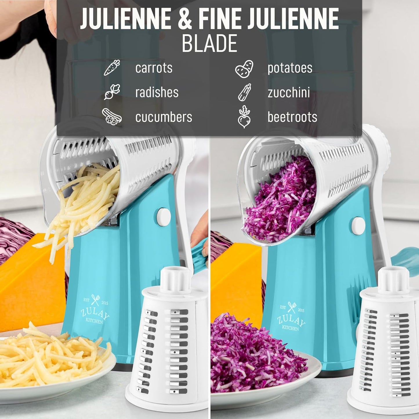 Zulay Kitchen Rotary Cheese Grater 5 Blade Cheese Shredder - Manual Hand Crank Cheese Grater With Reinforced Suction & 5 Interchangeable Drums - Easy to Use, Vegetable Chopper Round Mandoline Slicer