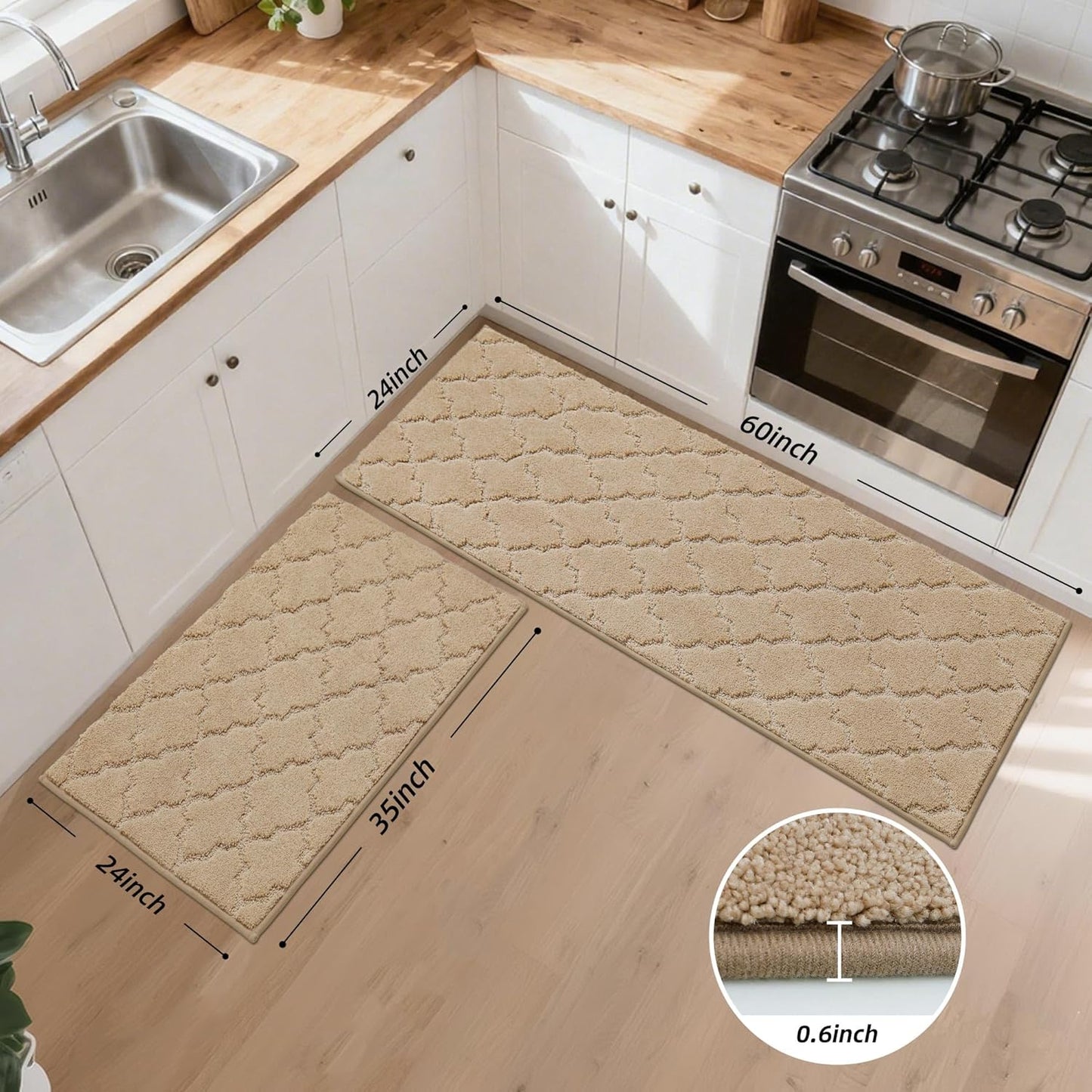 JSEI Kitchen Rugs, Non-Slip Kitchen Mats for Floor, Soft Washable Absorbent Kitchen Mats 2 Pieces, Kitchen Carpet Runner with TPR Backing, Polyester, 24”x36”+24”x60”, Beige