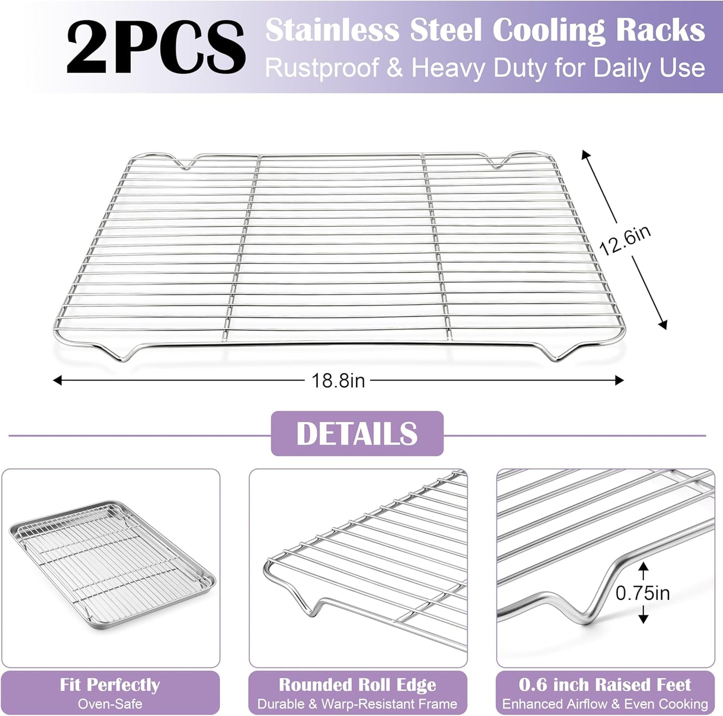 E-far Large Baking Sheet with Wire Rack (2 Pans + 2 Racks), 20 x 14 Inch Stainless Steel Cookie Pans Tray & Cooling Rack for Baking, Non Toxic & Heavy Duty & Rust Free, Oven & Dishwasher Safe