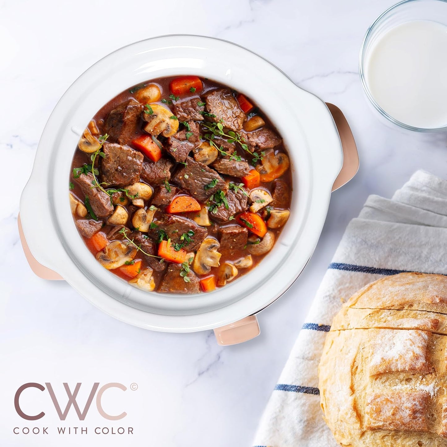 COOK WITH COLOR 2QT Mini Electric Round Slow Cooker - Adjustable Settings, Removable Stoneware Pot, Tempered Glass Lid, Dishwasher Safe, Cool-Touch Side Handles, Dusty Rose