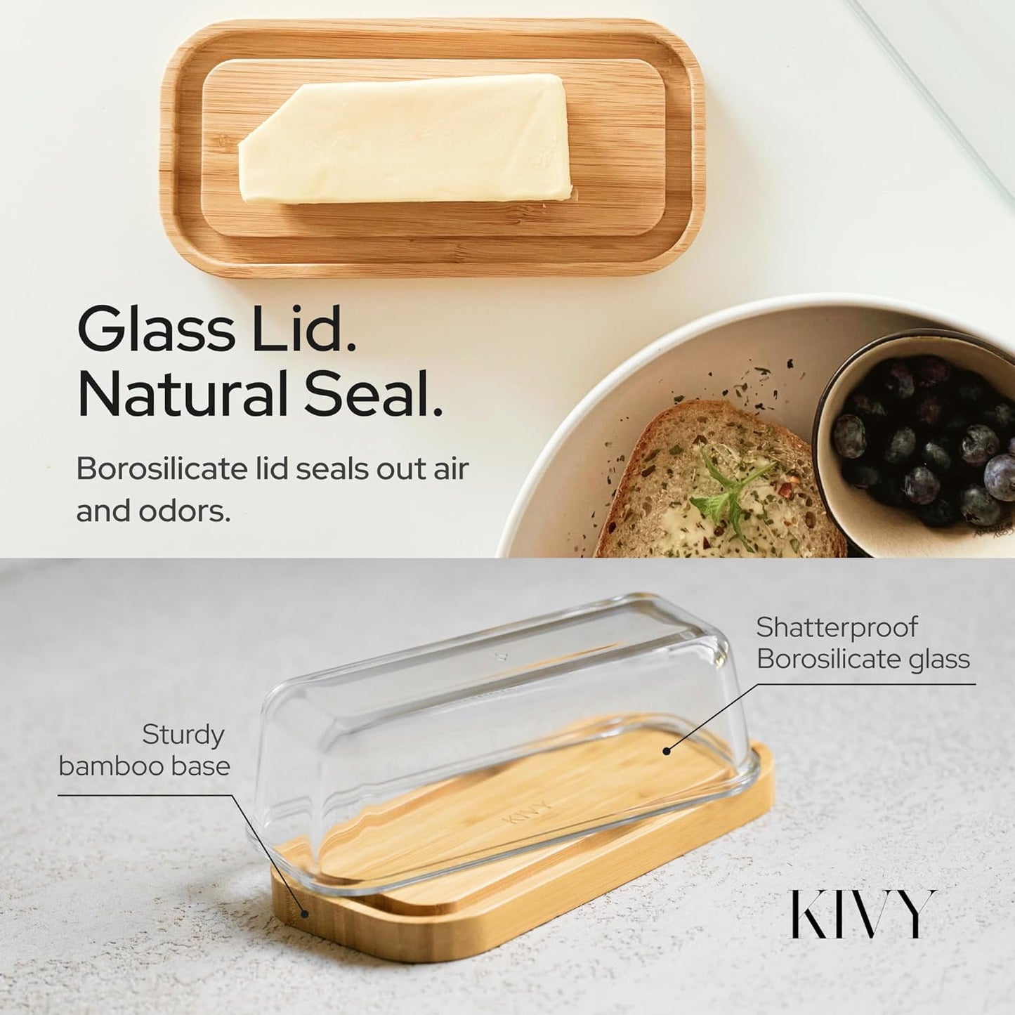 KIVY Glass butter dish with airtight lid that keeps butter soft - For countertop and refrigerator door shelf - Butter tray with lid fridge - Butter holder for counter - Covered butter dishes