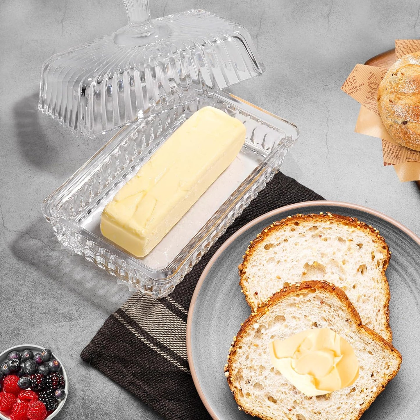 Wide Glass Butter Dish with Cover for Countertop,Vintage Crystal Butter Keeper for Counter,Covered Glass Butter Holder,Butter Holder for Refrigerator,Butter Tray with Two Stick 4oz Butter