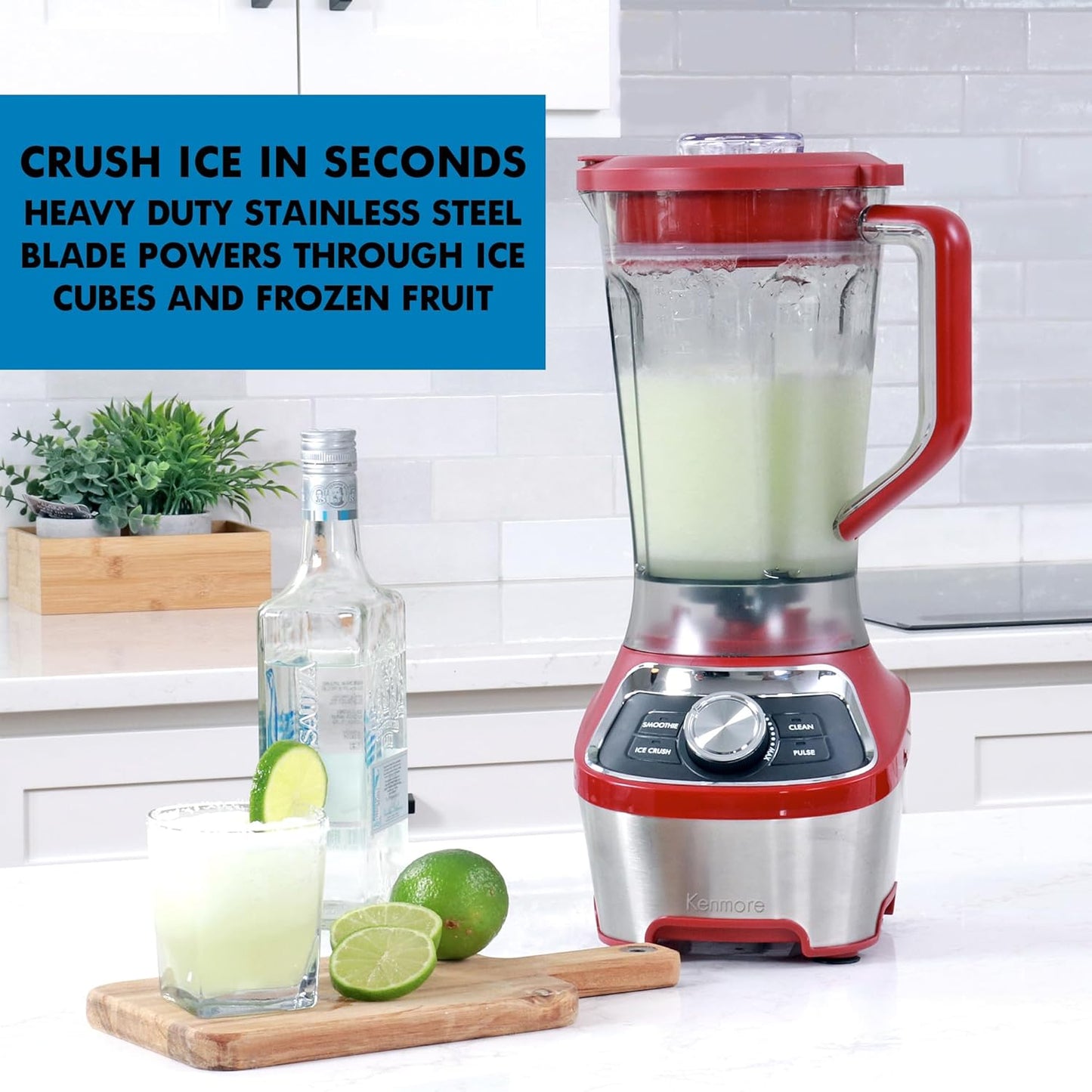 Kenmore Countertop Blender - Electric Mixer, Frozen Smoothie, Shakes, Milkshake, Puree Maker, Licuadora Grinder Kitchen Appliance With Ice Crush & Pulse Function, Dishwasher Safe Pitcher, Red